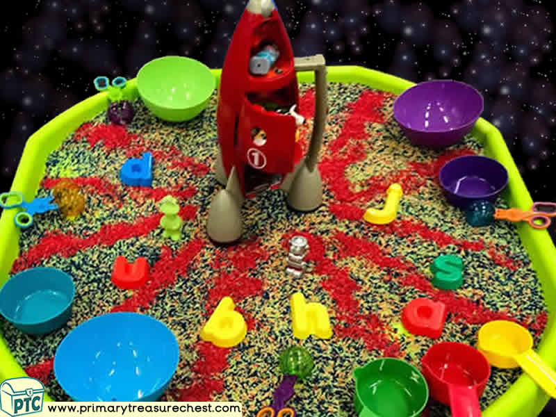 Space - Rocket - Astronauts - Alien Themed Phonics - Phonic Readiness - Letter Sound Multi-sensory Coloured Rice Tuff Tray Ideas and Activities
